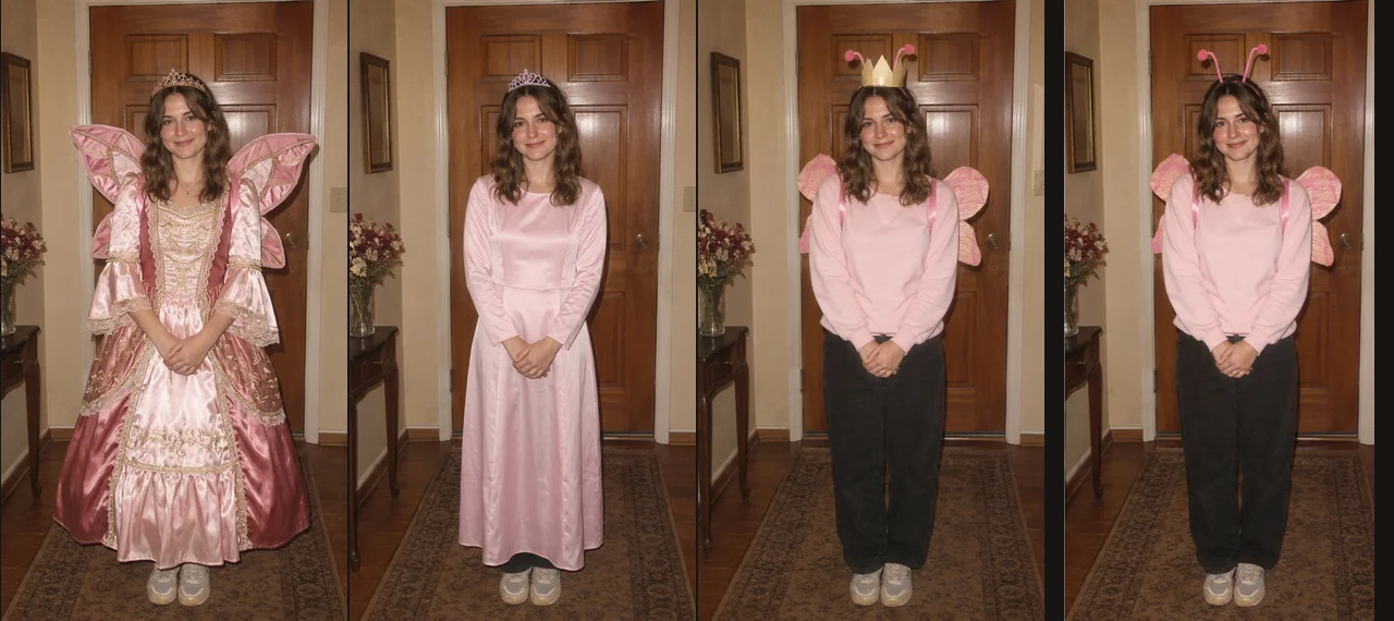 Three AI princess costume edits followed by the synthetic original